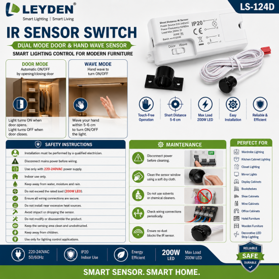 LEYDEN LS-124D IR Sensor Switch 220-240VAC | Dual Mode Door & Hand Wave IR Sensor | 200W LED | Wardrobe, Kitchen Cabinet, Closet, Mirror Light & Furniture Lighting LEYDEN LS-124D IR Sensor Switch 220-240VAC | Dual Mode Door & Hand Wave IR Sensor | 200W LED | Wardrobe, Kitchen Cabinet, Closet, Mirror Light & Furniture Lighting