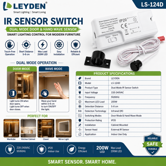 LEYDEN LS-124D IR Sensor Switch 220-240VAC | Dual Mode Door & Hand Wave IR Sensor | 200W LED | Wardrobe, Kitchen Cabinet, Closet, Mirror Light & Furniture Lighting LEYDEN LS-124D IR Sensor Switch 220-240VAC | Dual Mode Door & Hand Wave IR Sensor | 200W LED | Wardrobe, Kitchen Cabinet, Closet, Mirror Light & Furniture Lighting