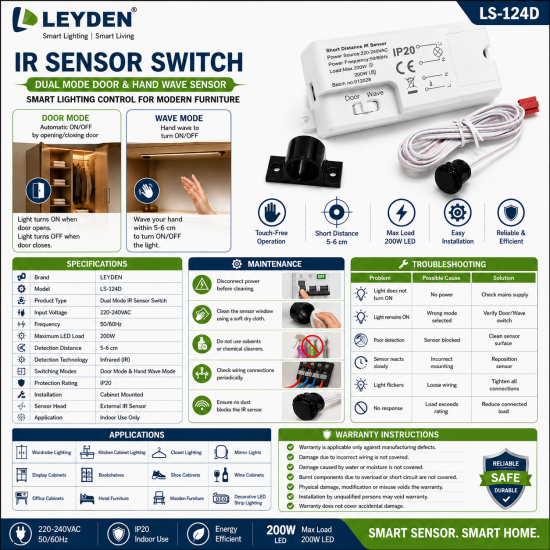 LEYDEN LS-124D IR Sensor Switch 220-240VAC | Dual Mode Door & Hand Wave IR Sensor | 200W LED | Wardrobe, Kitchen Cabinet, Closet, Mirror Light & Furniture Lighting LEYDEN LS-124D IR Sensor Switch 220-240VAC | Dual Mode Door & Hand Wave IR Sensor | 200W LED | Wardrobe, Kitchen Cabinet, Closet, Mirror Light & Furniture Lighting