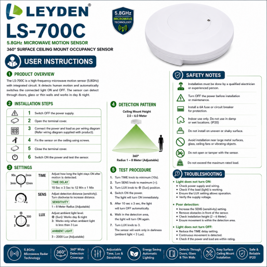 LEYDEN LS-700C 220-240VAC 5.8GHz Microwave Motion Sensor | 360° Surface Ceiling Mount Occupancy Sensor | 2000W Incandescent & 1000W LED Load | Adjustable Time, Lux & Sensitivity LEYDEN LS-700C 220-240VAC 5.8GHz Microwave Motion Sensor | 360° Surface Ceiling Mount Occupancy Sensor | 2000W Incandescent & 1000W LED Load | Adjustable Time, Lux & Sensitivity