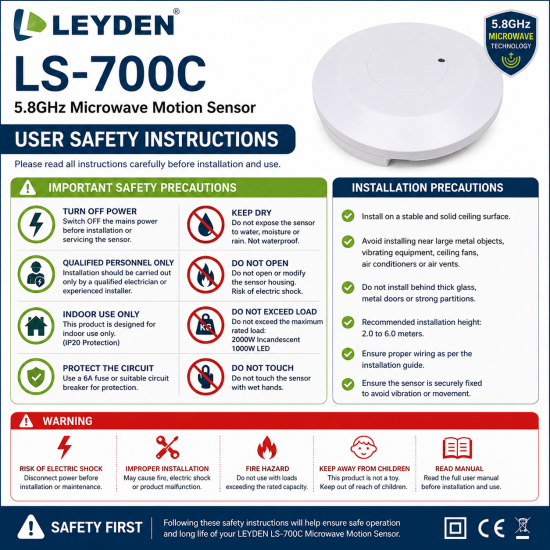 LEYDEN LS-700C 220-240VAC 5.8GHz Microwave Motion Sensor | 360° Surface Ceiling Mount Occupancy Sensor | 2000W Incandescent & 1000W LED Load | Adjustable Time, Lux & Sensitivity LEYDEN LS-700C 220-240VAC 5.8GHz Microwave Motion Sensor | 360° Surface Ceiling Mount Occupancy Sensor | 2000W Incandescent & 1000W LED Load | Adjustable Time, Lux & Sensitivity
