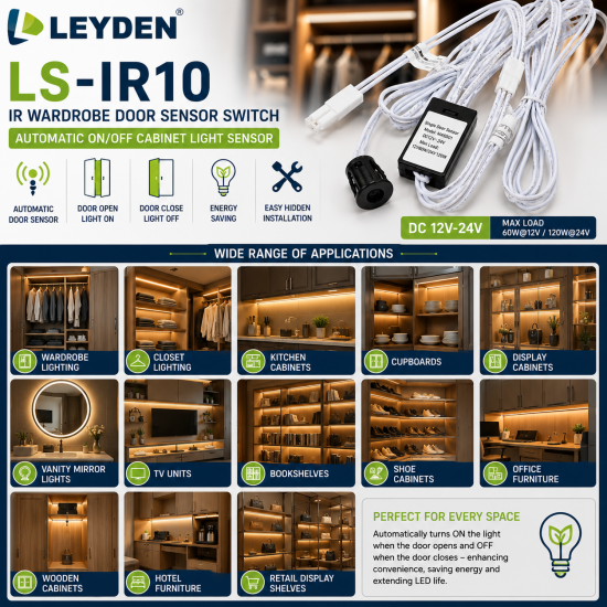 LEYDEN LS-IR10 DC 12V-24V IR Wardrobe Door Sensor Switch | Automatic ON/OFF Cabinet Light Sensor | For LED Strip Lights, Closet, Cupboard, Kitchen Cabinet, Display Shelf & Furniture Lighting