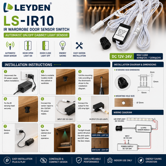 LEYDEN LS-IR10 DC 12V-24V IR Wardrobe Door Sensor Switch | Automatic ON/OFF Cabinet Light Sensor | For LED Strip Lights, Closet, Cupboard, Kitchen Cabinet, Display Shelf & Furniture Lighting