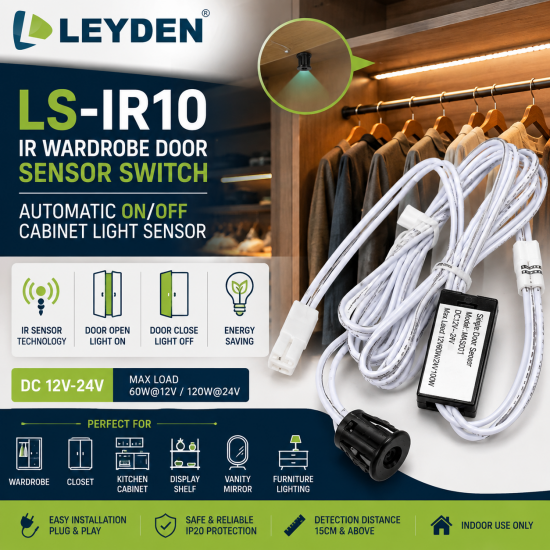 LEYDEN LS-IR10 DC 12V-24V IR Wardrobe Door Sensor Switch | Automatic ON/OFF Cabinet Light Sensor | For LED Strip Lights, Closet, Cupboard, Kitchen Cabinet, Display Shelf & Furniture Lighting