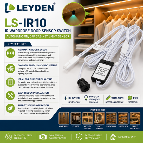 LEYDEN LS-IR10 DC 12V-24V IR Wardrobe Door Sensor Switch | Automatic ON/OFF Cabinet Light Sensor | For LED Strip Lights, Closet, Cupboard, Kitchen Cabinet, Display Shelf & Furniture Lighting