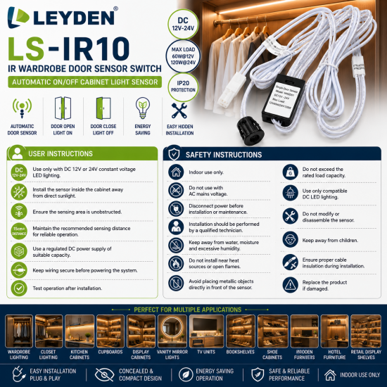 LEYDEN LS-IR10 DC 12V-24V IR Wardrobe Door Sensor Switch | Automatic ON/OFF Cabinet Light Sensor | For LED Strip Lights, Closet, Cupboard, Kitchen Cabinet, Display Shelf & Furniture Lighting