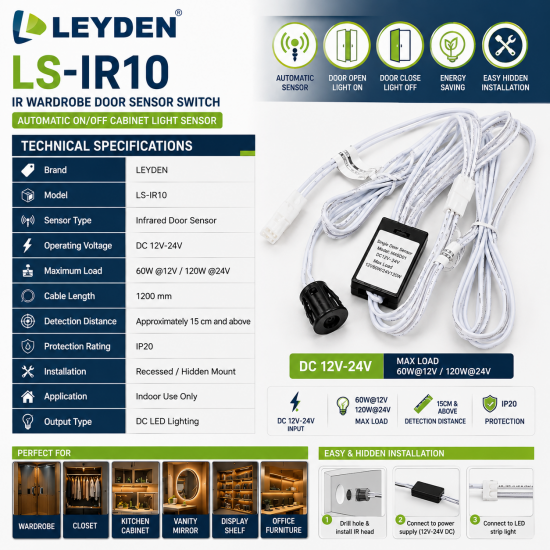 LEYDEN LS-IR10 DC 12V-24V IR Wardrobe Door Sensor Switch | Automatic ON/OFF Cabinet Light Sensor | For LED Strip Lights, Closet, Cupboard, Kitchen Cabinet, Display Shelf & Furniture Lighting