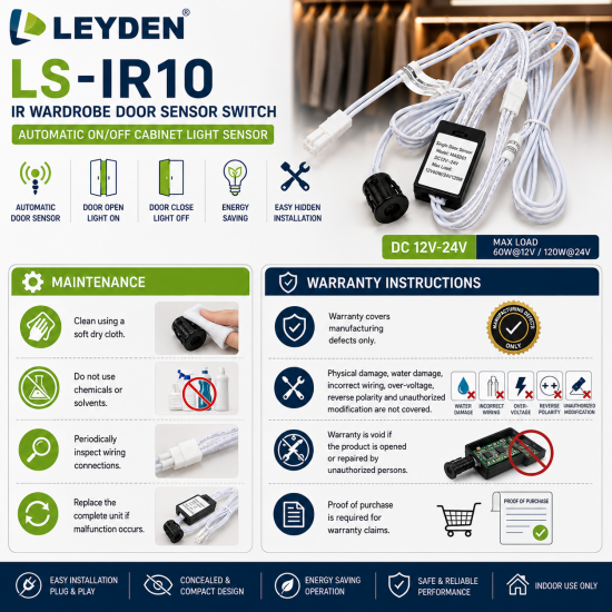 LEYDEN LS-IR10 DC 12V-24V IR Wardrobe Door Sensor Switch | Automatic ON/OFF Cabinet Light Sensor | For LED Strip Lights, Closet, Cupboard, Kitchen Cabinet, Display Shelf & Furniture Lighting
