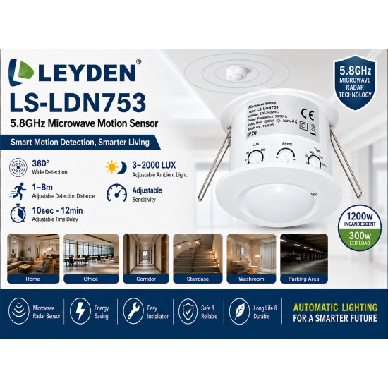LEYDEN LS-LDN753 220-240V AC 5.8GHz Microwave Motion Sensor | 360° Concealed Ceiling Mount Occupancy Sensor | Adjustable Time Delay, Lux & Sensitivity | 1200W Incandescent & 300W LED Load LEYDEN LS-LDN753 220-240V AC 5.8GHz Microwave Motion Sensor | 360° Concealed Ceiling Mount Occupancy Sensor | Adjustable Time Delay, Lux & Sensitivity | 1200W Incandescent & 300W LED Load