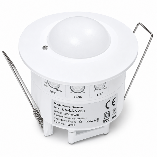 LEYDEN LS-LDN753 220-240V AC 5.8GHz Microwave Motion Sensor | 360° Concealed Ceiling Mount Occupancy Sensor | Adjustable Time Delay, Lux & Sensitivity | 1200W Incandescent & 300W LED Load LEYDEN LS-LDN753 220-240V AC 5.8GHz Microwave Motion Sensor | 360° Concealed Ceiling Mount Occupancy Sensor | Adjustable Time Delay, Lux & Sensitivity | 1200W Incandescent & 300W LED Load