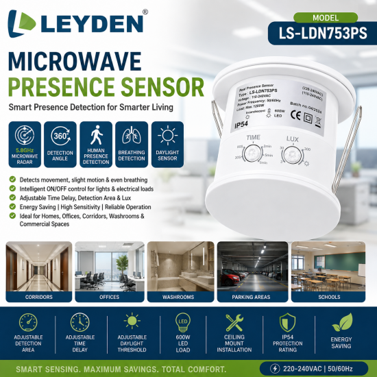 LEYDEN LS-LDN753PS 220-240VAC Microwave Presence Motion Sensor | 5.8GHz Radar Breathing Sensor | 360° Ceiling Mount Occupancy Detector | Adjustable Time Delay & Lux | 600W LED Load LEYDEN LS-LDN753PS 220-240VAC Microwave Presence Motion Sensor | 5.8GHz Radar Breathing Sensor | 360° Ceiling Mount Occupancy Detector | Adjustable Time Delay & Lux | 600W LED Load