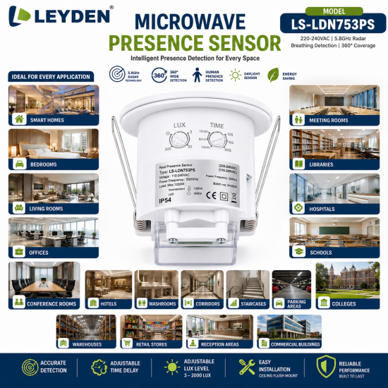 LEYDEN LS-LDN753PS 220-240VAC Microwave Presence Motion Sensor | 5.8GHz Radar Breathing Sensor | 360° Ceiling Mount Occupancy Detector | Adjustable Time Delay & Lux | 600W LED Load LEYDEN LS-LDN753PS 220-240VAC Microwave Presence Motion Sensor | 5.8GHz Radar Breathing Sensor | 360° Ceiling Mount Occupancy Detector | Adjustable Time Delay & Lux | 600W LED Load