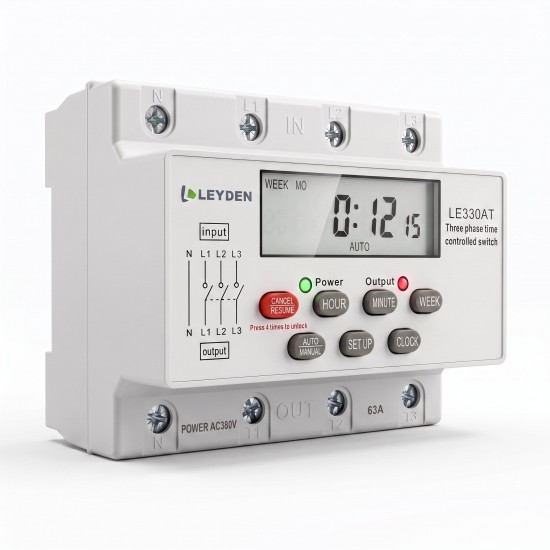 LEYDEN LE330AT 30A 380-440VAC Three Phase Digital Timer Switch, Real Clock Based 24 ON/Off Programs/Day, Cyclic Timer 1 Sec-24 Hours ON/Off, Auto Off/ON Delay, Manual Start/Stop, DIN Rail Mount LEYDEN LE330AT 30A 380-440VAC Three Phase Digital Timer Switch, Real Clock Based 24 ON/Off Programs/Day, Cyclic Timer 1 Sec-24 Hours ON/Off, Auto Off/ON Delay, Manual Start/Stop, DIN Rail Mount