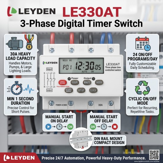 LEYDEN LE330AT 30A 380-440VAC Three Phase Digital Timer Switch, Real Clock Based 24 ON/Off Programs/Day, Cyclic Timer 1 Sec-24 Hours ON/Off, Auto Off/ON Delay, Manual Start/Stop, DIN Rail Mount LEYDEN LE330AT 30A 380-440VAC Three Phase Digital Timer Switch, Real Clock Based 24 ON/Off Programs/Day, Cyclic Timer 1 Sec-24 Hours ON/Off, Auto Off/ON Delay, Manual Start/Stop, DIN Rail Mount