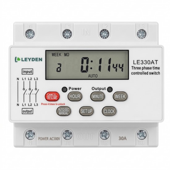 LEYDEN LE330AT 30A 380-440VAC Three Phase Digital Timer Switch, Real Clock Based 24 ON/Off Programs/Day, Cyclic Timer 1 Sec-24 Hours ON/Off, Auto Off/ON Delay, Manual Start/Stop, DIN Rail Mount LEYDEN LE330AT 30A 380-440VAC Three Phase Digital Timer Switch, Real Clock Based 24 ON/Off Programs/Day, Cyclic Timer 1 Sec-24 Hours ON/Off, Auto Off/ON Delay, Manual Start/Stop, DIN Rail Mount