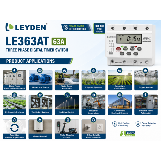 LEYDEN LE363AT 63A 380-440VAC Three Phase Digital Timer Switch, Real Clock Based 24 ON/OFF Programs/Day, Cyclic Timer 1 Sec-24 Hours ON/OFF, Auto OFF/ON Delay, Manual Start/Stop, DIN Rail Mount, LCD Display, Silicon Keypad LEYDEN LE363AT 63A 380-440VAC Three Phase Digital Timer Switch, Real Clock Based 24 ON/OFF Programs/Day, Cyclic Timer 1 Sec-24 Hours ON/OFF, Auto OFF/ON Delay, Manual Start/Stop, DIN Rail Mount, LCD Display, Silicon Keypad
