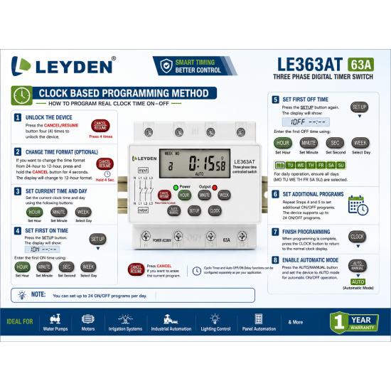 LEYDEN LE363AT 63A 380-440VAC Three Phase Digital Timer Switch, Real Clock Based 24 ON/OFF Programs/Day, Cyclic Timer 1 Sec-24 Hours ON/OFF, Auto OFF/ON Delay, Manual Start/Stop, DIN Rail Mount, LCD Display, Silicon Keypad LEYDEN LE363AT 63A 380-440VAC Three Phase Digital Timer Switch, Real Clock Based 24 ON/OFF Programs/Day, Cyclic Timer 1 Sec-24 Hours ON/OFF, Auto OFF/ON Delay, Manual Start/Stop, DIN Rail Mount, LCD Display, Silicon Keypad