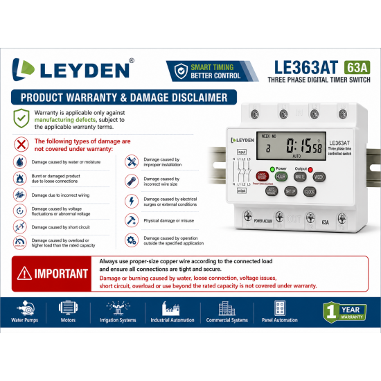 LEYDEN LE363AT 63A 380-440VAC Three Phase Digital Timer Switch, Real Clock Based 24 ON/OFF Programs/Day, Cyclic Timer 1 Sec-24 Hours ON/OFF, Auto OFF/ON Delay, Manual Start/Stop, DIN Rail Mount, LCD Display, Silicon Keypad LEYDEN LE363AT 63A 380-440VAC Three Phase Digital Timer Switch, Real Clock Based 24 ON/OFF Programs/Day, Cyclic Timer 1 Sec-24 Hours ON/OFF, Auto OFF/ON Delay, Manual Start/Stop, DIN Rail Mount, LCD Display, Silicon Keypad