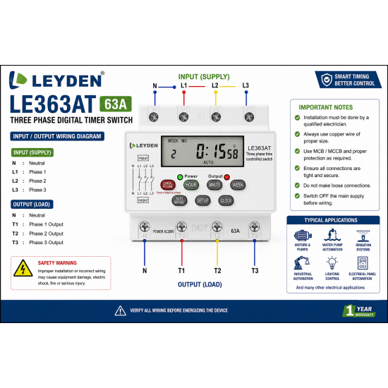 LEYDEN LE363AT 63A 380-440VAC Three Phase Digital Timer Switch, Real Clock Based 24 ON/OFF Programs/Day, Cyclic Timer 1 Sec-24 Hours ON/OFF, Auto OFF/ON Delay, Manual Start/Stop, DIN Rail Mount, LCD Display, Silicon Keypad LEYDEN LE363AT 63A 380-440VAC Three Phase Digital Timer Switch, Real Clock Based 24 ON/OFF Programs/Day, Cyclic Timer 1 Sec-24 Hours ON/OFF, Auto OFF/ON Delay, Manual Start/Stop, DIN Rail Mount, LCD Display, Silicon Keypad