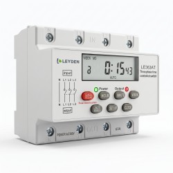 LEYDEN LE363AT 63A 380-440VAC Three Phase Digital Timer Switch, Real Clock Based 24 ON/OFF Programs/Day, Cyclic Timer 1 Sec-24 Hours ON/OFF, Auto OFF/ON Delay, Manual Start/Stop, DIN Rail Mount, LCD Display, Silicon Keypad