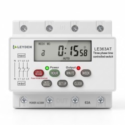 LEYDEN LE363AT 63A 380-440VAC Three Phase Digital Timer Switch, Real Clock Based 24 ON/OFF Programs/Day, Cyclic Timer 1 Sec-24 Hours ON/OFF, Auto OFF/ON Delay, Manual Start/Stop, DIN Rail Mount, LCD Display, Silicon Keypad