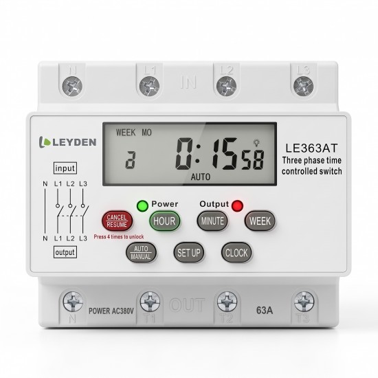 LEYDEN LE363AT 63A 380-440VAC Three Phase Digital Timer Switch, Real Clock Based 24 ON/OFF Programs/Day, Cyclic Timer 1 Sec-24 Hours ON/OFF, Auto OFF/ON Delay, Manual Start/Stop, DIN Rail Mount, LCD Display, Silicon Keypad LEYDEN LE363AT 63A 380-440VAC Three Phase Digital Timer Switch, Real Clock Based 24 ON/OFF Programs/Day, Cyclic Timer 1 Sec-24 Hours ON/OFF, Auto OFF/ON Delay, Manual Start/Stop, DIN Rail Mount, LCD Display, Silicon Keypad
