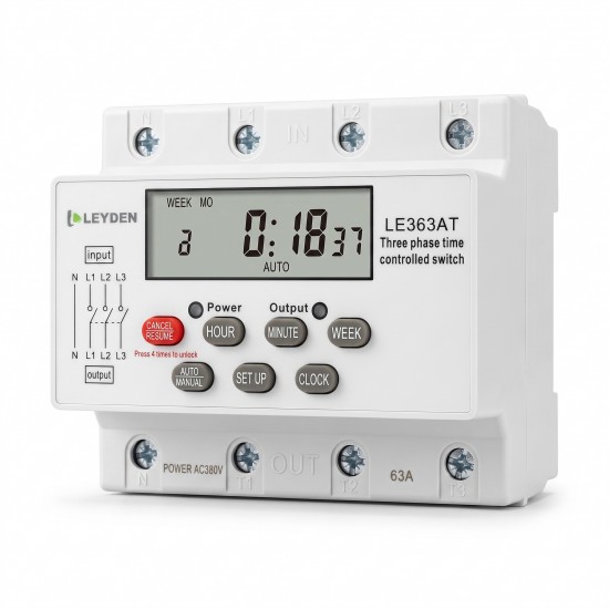LEYDEN LE363AT 63A 380-440VAC Three Phase Digital Timer Switch, Real Clock Based 24 ON/OFF Programs/Day, Cyclic Timer 1 Sec-24 Hours ON/OFF, Auto OFF/ON Delay, Manual Start/Stop, DIN Rail Mount, LCD Display, Silicon Keypad LEYDEN LE363AT 63A 380-440VAC Three Phase Digital Timer Switch, Real Clock Based 24 ON/OFF Programs/Day, Cyclic Timer 1 Sec-24 Hours ON/OFF, Auto OFF/ON Delay, Manual Start/Stop, DIN Rail Mount, LCD Display, Silicon Keypad