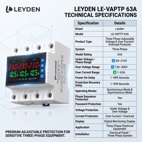 LEYDEN LE-VAPTP 63A Three Phase Voltage & Overload Protector | Adjustable Under/Over Voltage & Over Current Protection | 1-999 Sec Power-On & Recovery Delay | Phase Sequence | Password Protection