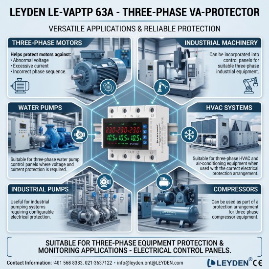 LEYDEN LE-VAPTP 63A Three Phase Voltage & Overload Protector | Adjustable Under/Over Voltage & Over Current Protection | 1-999 Sec Power-On & Recovery Delay | Phase Sequence | Password Protection