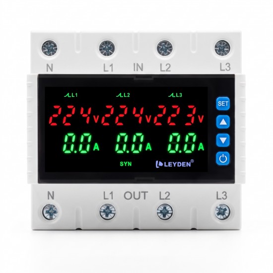 LEYDEN LE-VAPTP 63A Three Phase Voltage & Overload Protector | Adjustable Under/Over Voltage & Over Current Protection | 1-999 Sec Power-On & Recovery Delay | Phase Sequence | Password Protection
