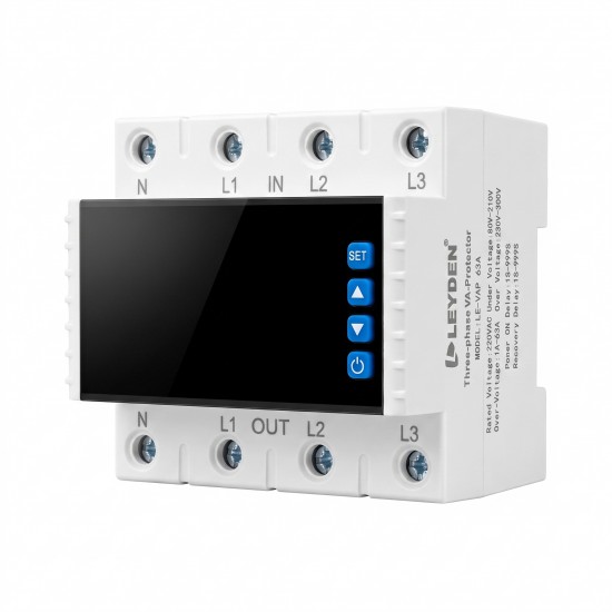 LEYDEN LE-VAPTP 63A Three Phase Voltage & Overload Protector | Adjustable Under/Over Voltage & Over Current Protection | 1-999 Sec Power-On & Recovery Delay | Phase Sequence | Password Protection