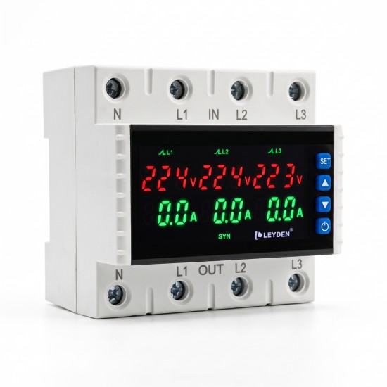 LEYDEN LE-VAPTP 63A Three Phase Voltage & Overload Protector | Adjustable Under/Over Voltage & Over Current Protection | 1-999 Sec Power-On & Recovery Delay | Phase Sequence | Password Protection