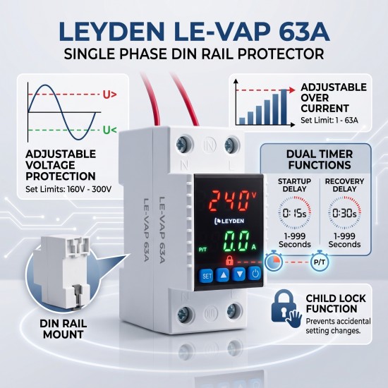 LEYDEN LE-VAP 63A Adjustable Over Under Voltage Protector with Over Current Protection | 220-240VAC Single Phase | DIN Rail Voltage Protection Relay | 1-999 Second Delay | Home, Office, Industrial & Commercial Use LEYDEN LE-VAP 63A Adjustable Over Under Voltage Protector with Over Current Protection | 220-240VAC Single Phase | DIN Rail Voltage Protection Relay | 1-999 Second Delay | Home, Office, Industrial & Commercial Use