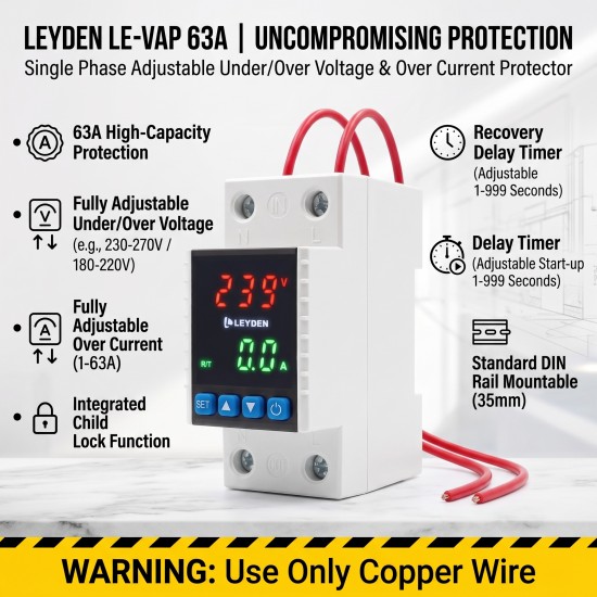 LEYDEN LE-VAP 63A Adjustable Over Under Voltage Protector with Over Current Protection | 220-240VAC Single Phase | DIN Rail Voltage Protection Relay | 1-999 Second Delay | Home, Office, Industrial & Commercial Use LEYDEN LE-VAP 63A Adjustable Over Under Voltage Protector with Over Current Protection | 220-240VAC Single Phase | DIN Rail Voltage Protection Relay | 1-999 Second Delay | Home, Office, Industrial & Commercial Use
