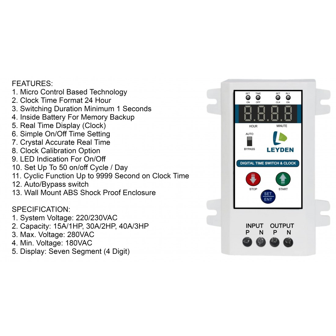 LEYDEN® TM-CLK 15A, 230 Volt AC, 24 Hour Digital Clock Timer Switch 50 ...