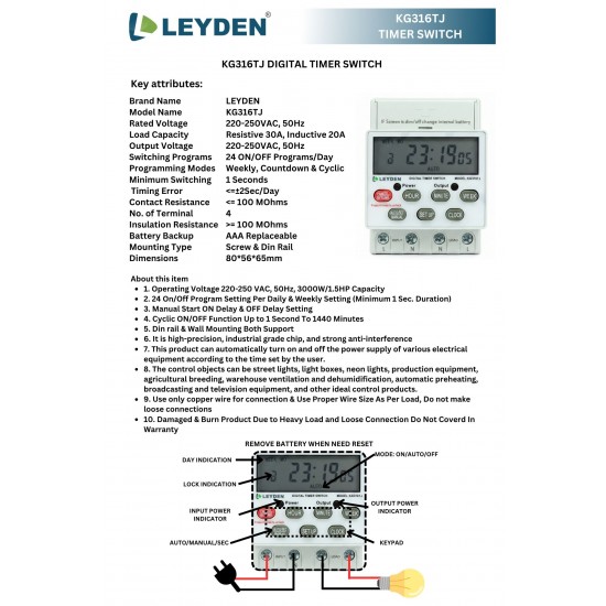 LEYDEN® KG316TJ, 30A, 220/230VAC, 50Hz Digital Timer Switch for Electrical ON Off, 24 On Off Program Per Day, Manual Start ON-Off Delay & Cyclic Timer Switch