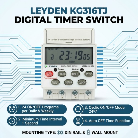 LEYDEN® KG316TJ, 30A, 220/230VAC, 50Hz Digital Timer Switch for Electrical ON Off, 24 On Off Program Per Day, Manual Start ON-Off Delay & Cyclic Timer Switch