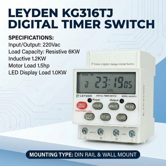 LEYDEN® KG316TJ, 30A, 220/230VAC, 50Hz Digital Timer Switch for Electrical ON Off, 24 On Off Program Per Day, Manual Start ON-Off Delay & Cyclic Timer Switch