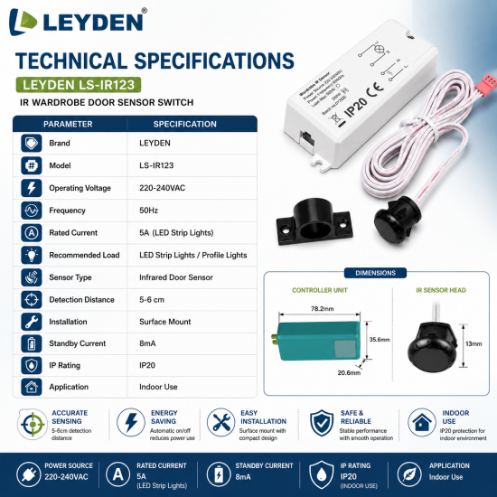 LEYDEN LS-IR123 220-240V AC IR Wardrobe Door Sensor Switch | Automatic ON/OFF Cabinet Light Sensor | Infrared Door Sensor for Wardrobe, Kitchen Cabinet, Closet, Furniture, Office & Display Lighting