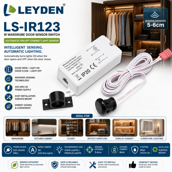 LEYDEN LS-IR123 220-240V AC IR Wardrobe Door Sensor Switch | Automatic ON/OFF Cabinet Light Sensor | Infrared Door Sensor for Wardrobe, Kitchen Cabinet, Closet, Furniture, Office & Display Lighting