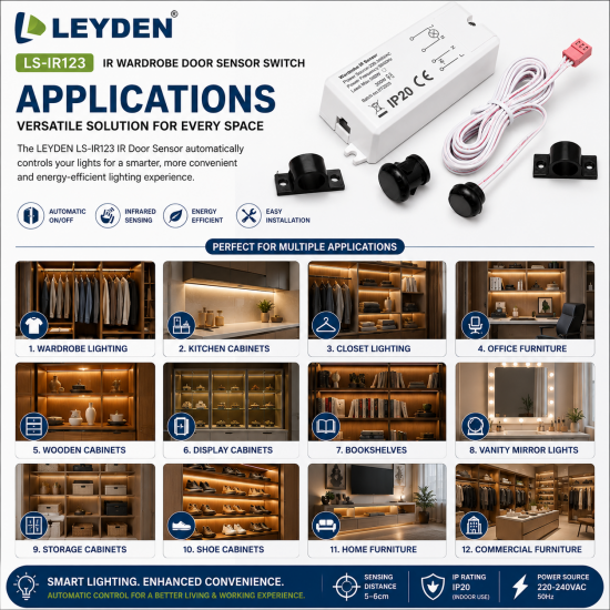 LEYDEN LS-IR123 220-240V AC IR Wardrobe Door Sensor Switch | Automatic ON/OFF Cabinet Light Sensor | Infrared Door Sensor for Wardrobe, Kitchen Cabinet, Closet, Furniture, Office & Display Lighting