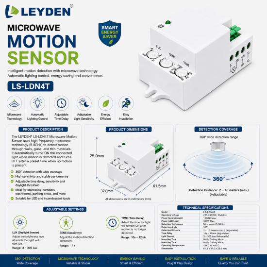 LEYDEN LS-LDN4T Microwave Motion Sensor Switch | 5.8GHz Radar Motion Detector | 360° Detection | Adjustable Time Delay & Sensitivity | 220-240V AC | For LED Lights, Corridors, Staircase, Parking & Security Lighting LEYDEN LS-LDN4T Microwave Motion Sensor Switch | 5.8GHz Radar Motion Detector | 360° Detection | Adjustable Time Delay & Sensitivity | 220-240V AC | For LED Lights, Corridors, Staircase, Parking & Security Lighting