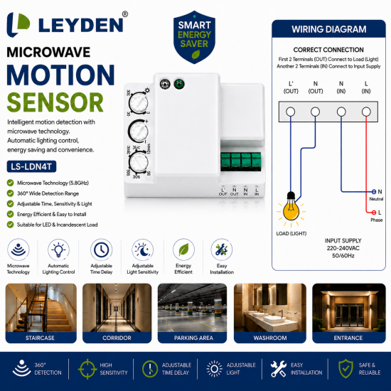 LEYDEN LS-LDN4T Microwave Motion Sensor Switch | 5.8GHz Radar Motion Detector | 360° Detection | Adjustable Time Delay & Sensitivity | 220-240V AC | For LED Lights, Corridors, Staircase, Parking & Security Lighting LEYDEN LS-LDN4T Microwave Motion Sensor Switch | 5.8GHz Radar Motion Detector | 360° Detection | Adjustable Time Delay & Sensitivity | 220-240V AC | For LED Lights, Corridors, Staircase, Parking & Security Lighting
