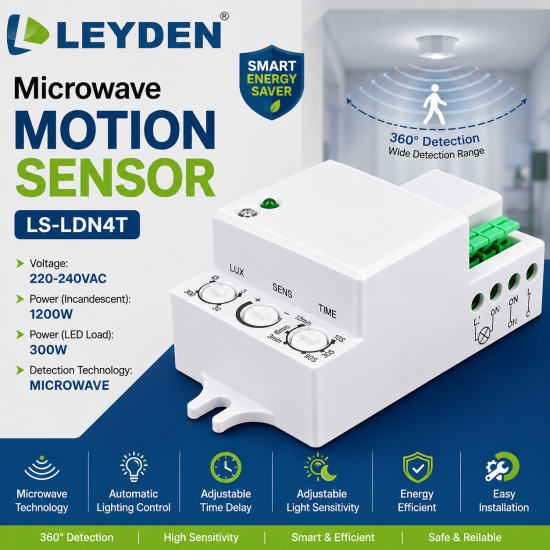 LEYDEN LS-LDN4T Microwave Motion Sensor Switch | 5.8GHz Radar Motion Detector | 360° Detection | Adjustable Time Delay & Sensitivity | 220-240V AC | For LED Lights, Corridors, Staircase, Parking & Security Lighting LEYDEN LS-LDN4T Microwave Motion Sensor Switch | 5.8GHz Radar Motion Detector | 360° Detection | Adjustable Time Delay & Sensitivity | 220-240V AC | For LED Lights, Corridors, Staircase, Parking & Security Lighting