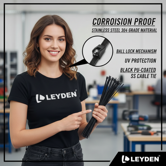 LEYDEN 150X4.6MM (6 Inch) 100Pcs SS304 Stainless Steel Cable Ties – Black PU Coated Zip Ties, Heavy Duty Rust Proof UV Resistant Metal Cable Tie with Ball Lock Mechanism for Cable Management, Outdoor & Industrial Use