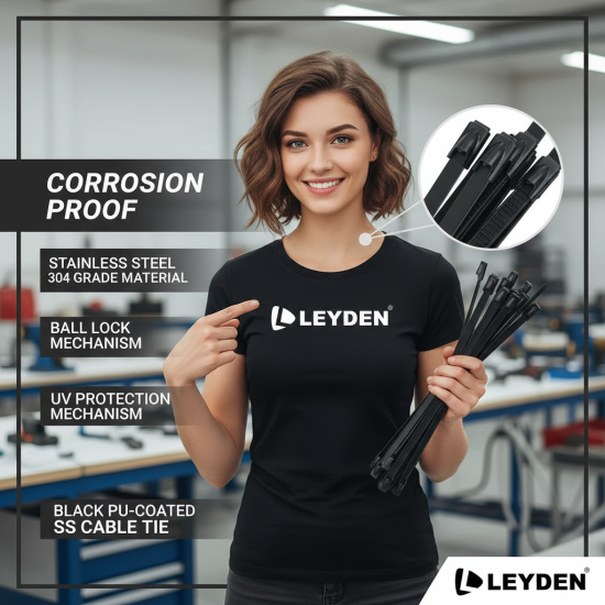 LEYDEN 150X4.6MM (6 Inch) 100Pcs SS304 Stainless Steel Cable Ties – Black PU Coated Zip Ties, Heavy Duty Rust Proof UV Resistant Metal Cable Tie with Ball Lock Mechanism for Cable Management, Outdoor & Industrial Use