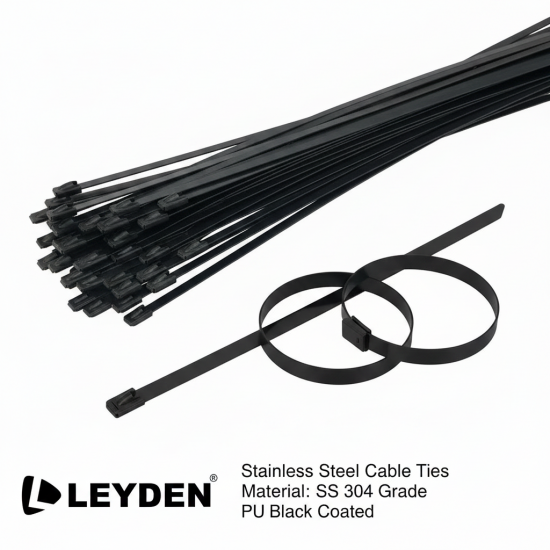 LEYDEN 150X4.6MM (6 Inch) 100Pcs SS304 Stainless Steel Cable Ties – Black PU Coated Zip Ties, Heavy Duty Rust Proof UV Resistant Metal Cable Tie with Ball Lock Mechanism for Cable Management, Outdoor & Industrial Use