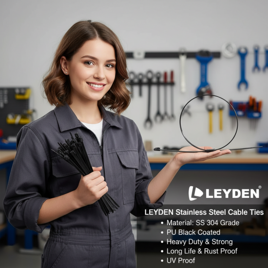 LEYDEN 150X4.6MM (6 Inch) 100Pcs SS304 Stainless Steel Cable Ties – Black PU Coated Zip Ties, Heavy Duty Rust Proof UV Resistant Metal Cable Tie with Ball Lock Mechanism for Cable Management, Outdoor & Industrial Use