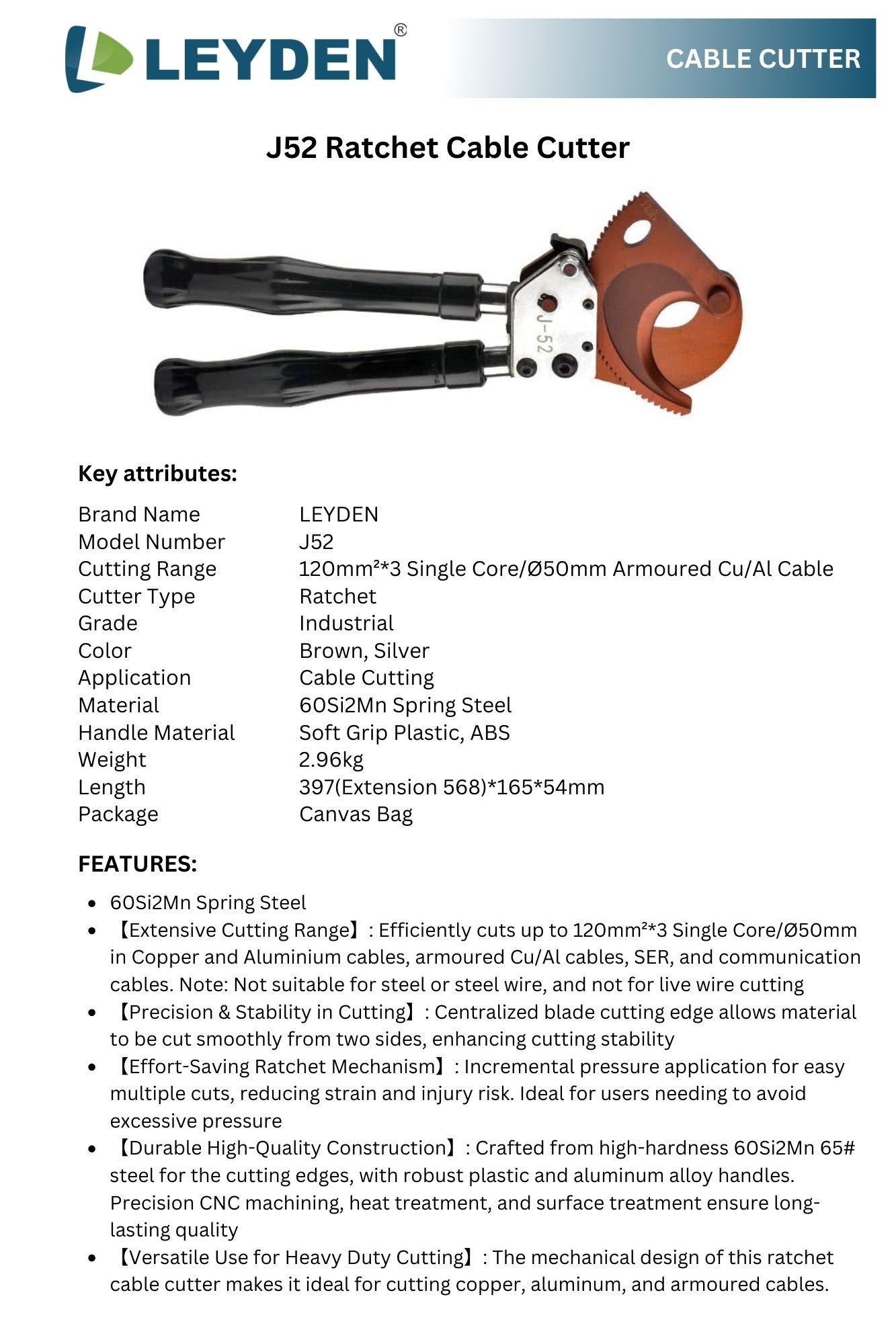 LEYDEN® J52 Heavy Duty Aluminum Copper Ratchet Cable Cutters up to ...